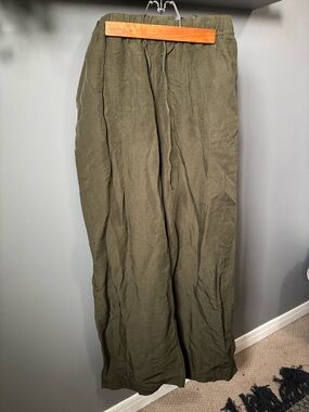 H&M Dark Olive Drawstring Linen Blend Pants